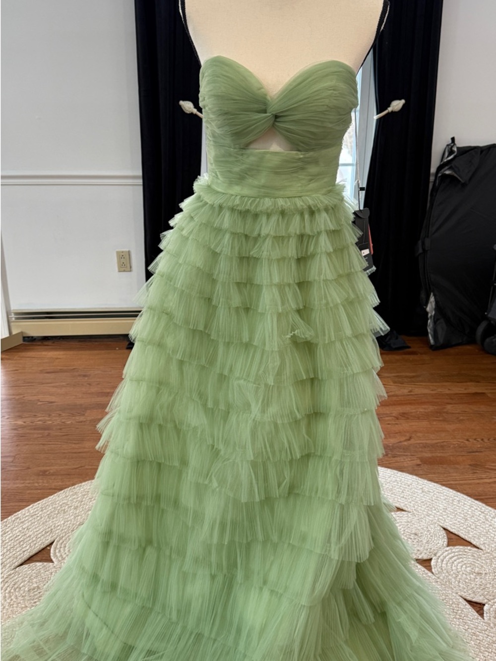 Strapless Sage Green Tiered Tulle Gown